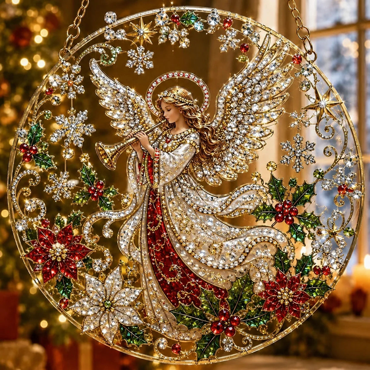 enfeite de natal de acrílico com anjo tocando trombeta