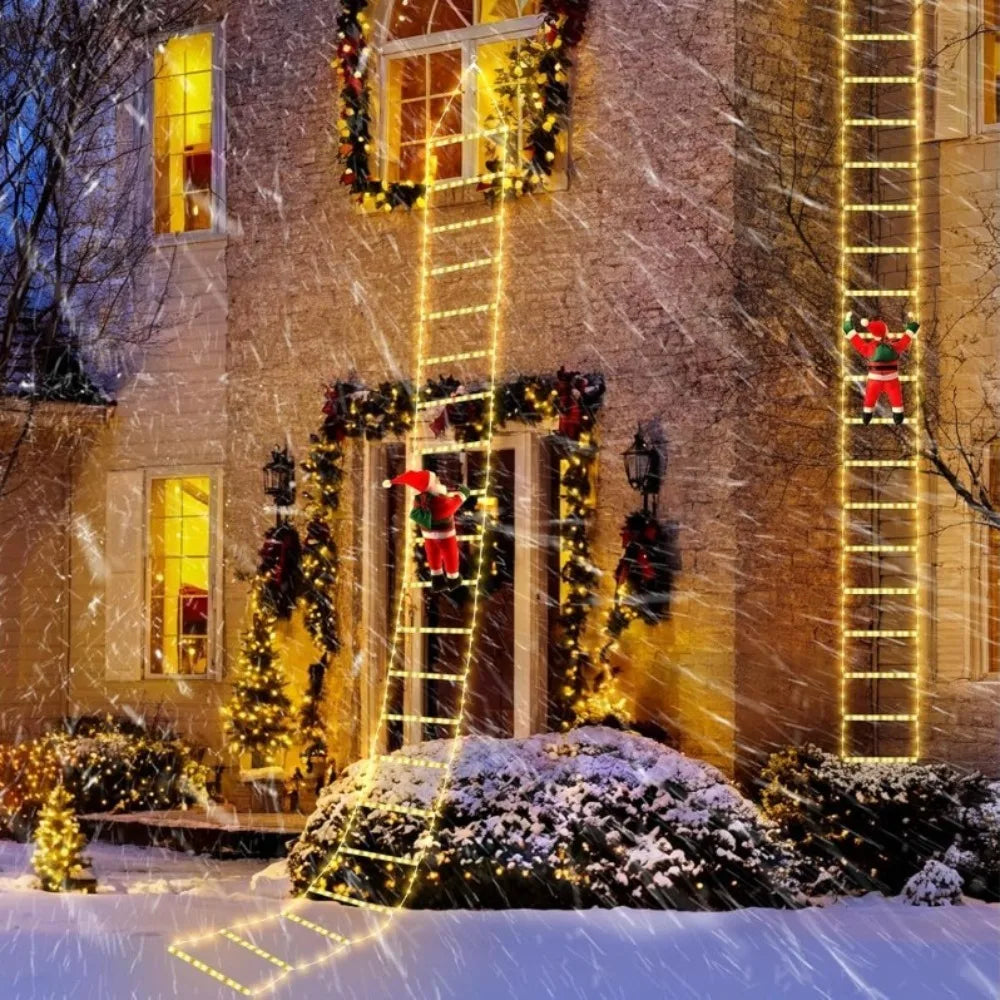 escada de luz de natal com papai noel escalando casa na neve