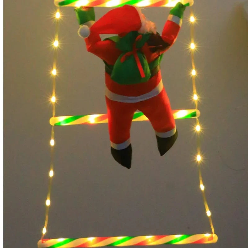 detalhe do papai noel de tecido subindo a escada de led