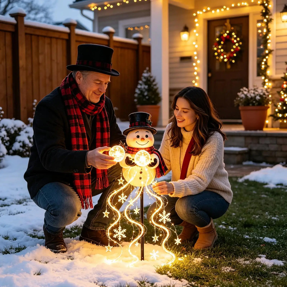 família com estaca boneco de neve iluminada no jardim