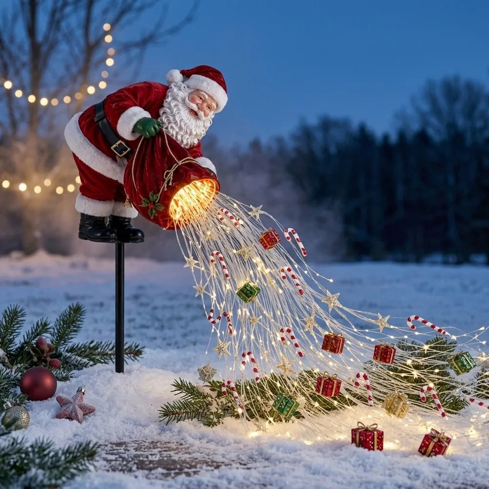estaca de jardim papai noel com cascata de luz led acesa na neve