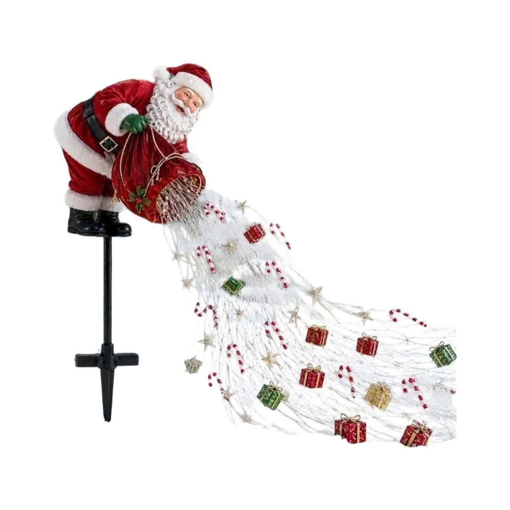 papai noel de jardim com estaca e cascata de bengalas e presentes