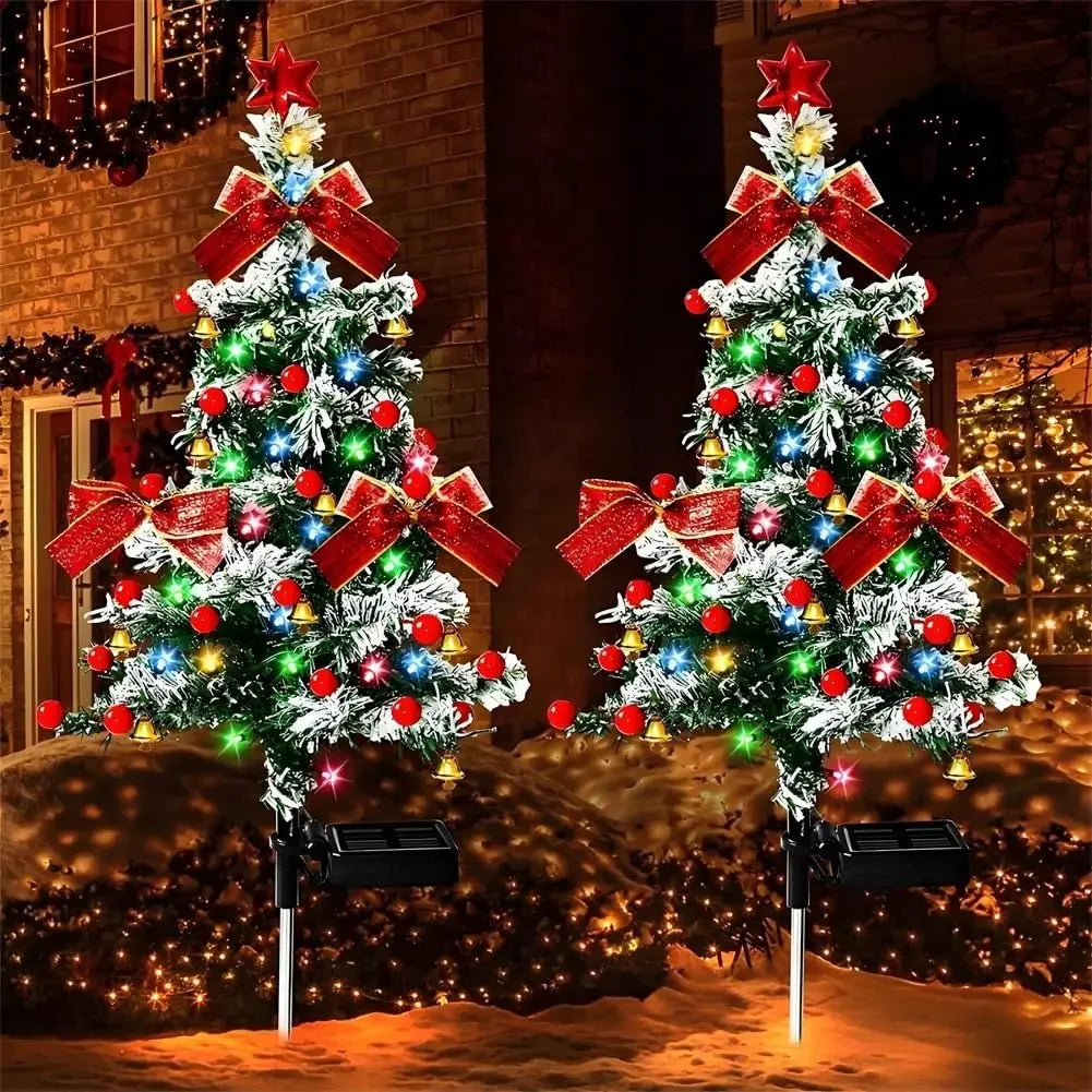 estaca solar árvore de natal com led colorido na entrada da casa
