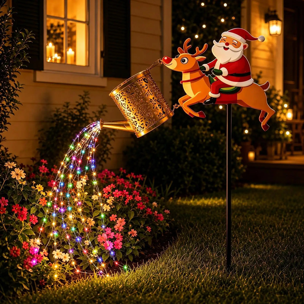 estaca solar regador papai noel com cascata de luz colorida no jardim
