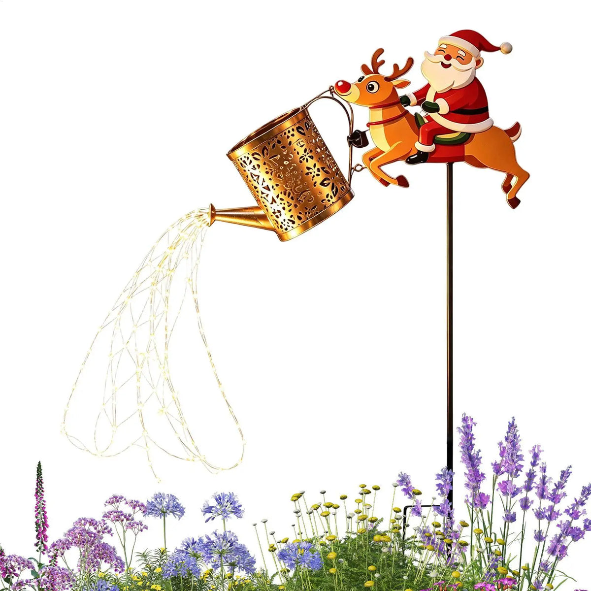 regador solar papai noel com cascata de luz branca sobre flores