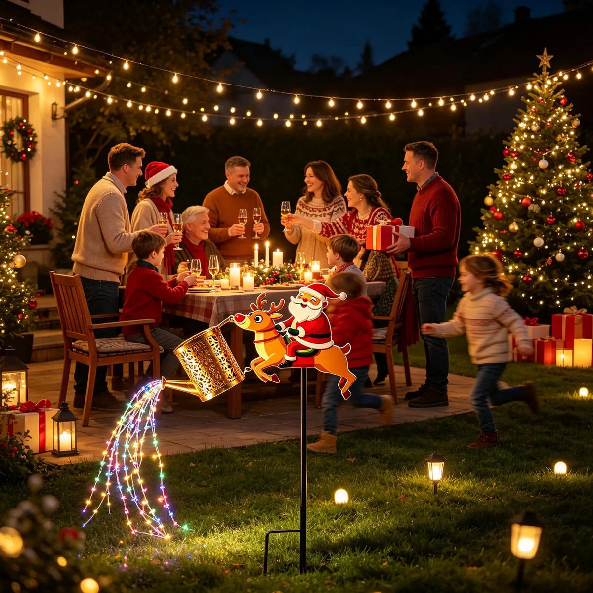 estaca solar regador papai noel em festa de natal no quintal