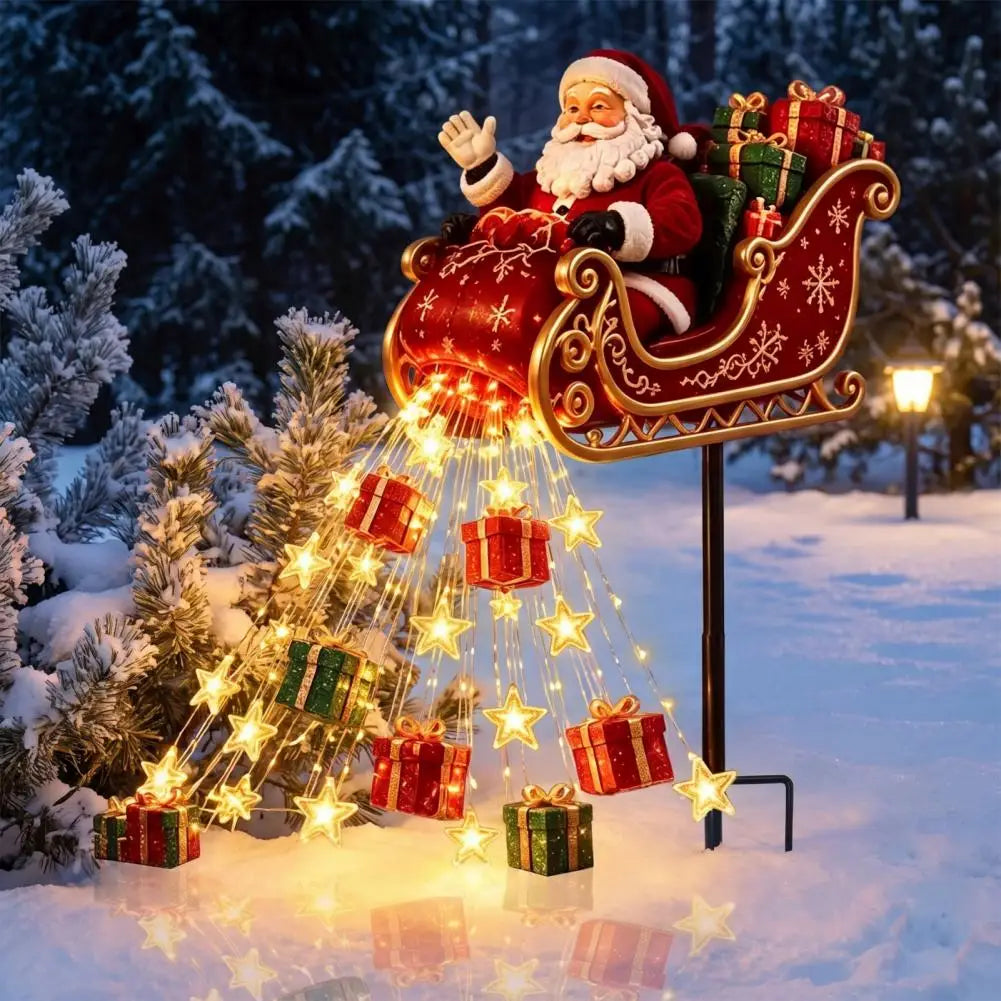 luminária de jardim natalina papai noel no trenó com cascata de luz quente