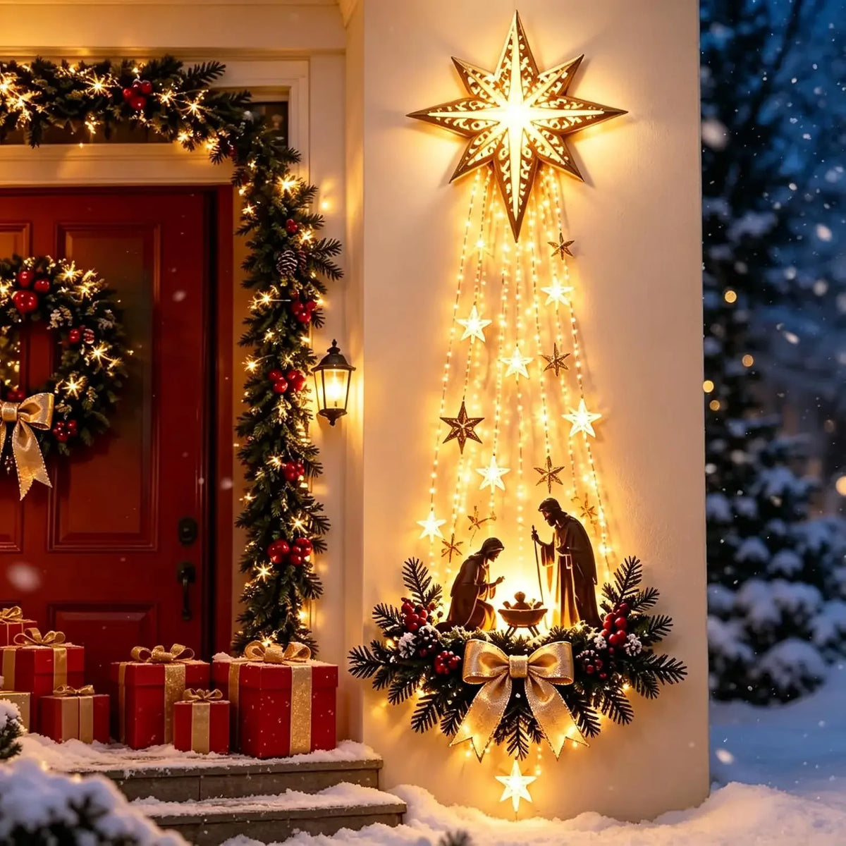 estrela de belém luminosa com presépio na parede ao lado da porta de natal