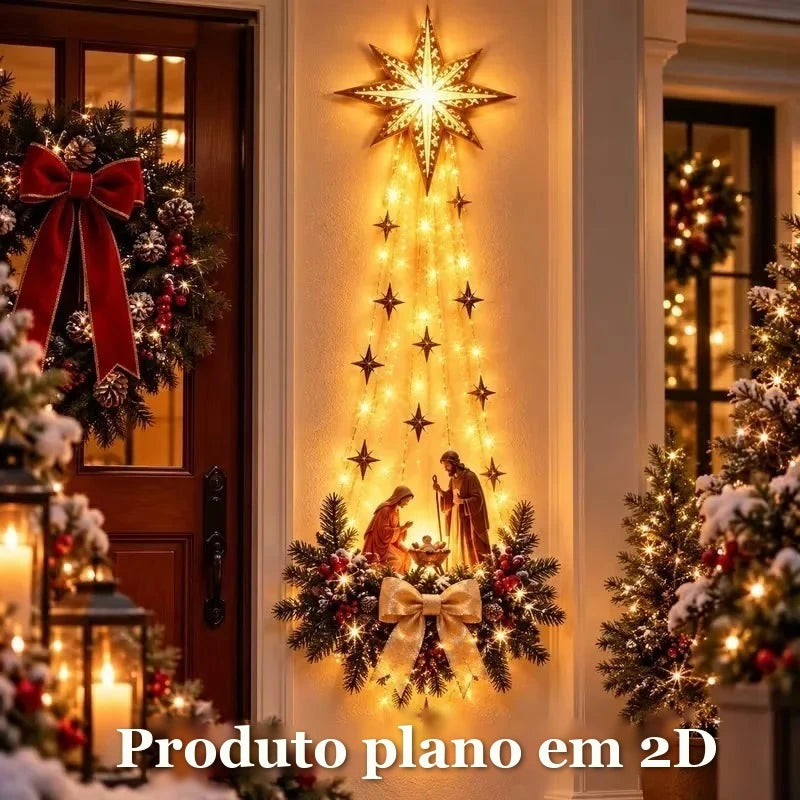 enfeite de natal plano estrela de belém com luzes quentes na entrada