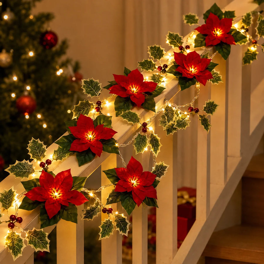 Festão de Natal Iluminado com Bico-de-Papagaio e Azevinho