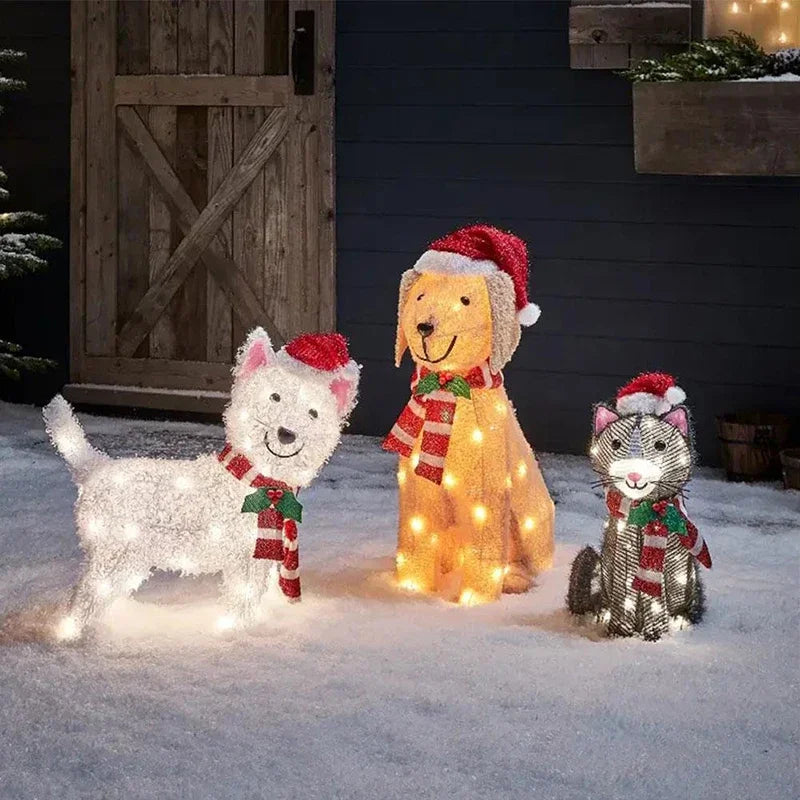 figuras iluminadas de natal para jardim com cachorros e gato na neve