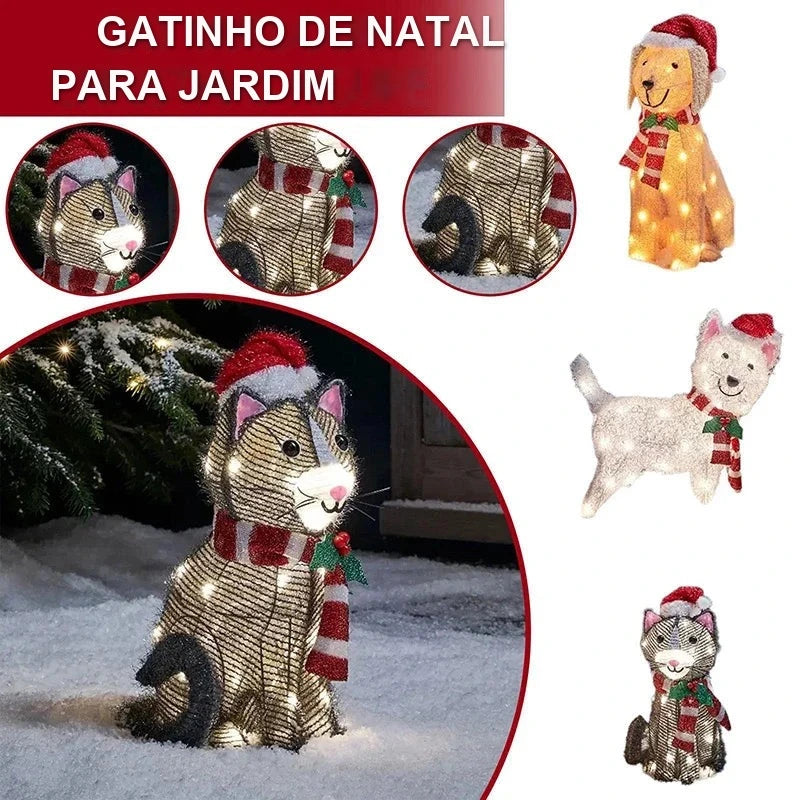 gatinho cinza iluminado de natal para jardim