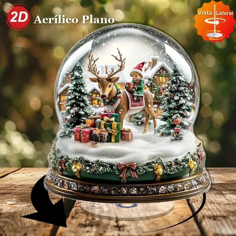 globo de neve de natal em acrílico com rena e duende sobre mesa de madeira