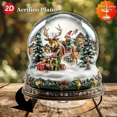 Globo de Neve de Natal em Acrílico com Rena e Base Giratória
