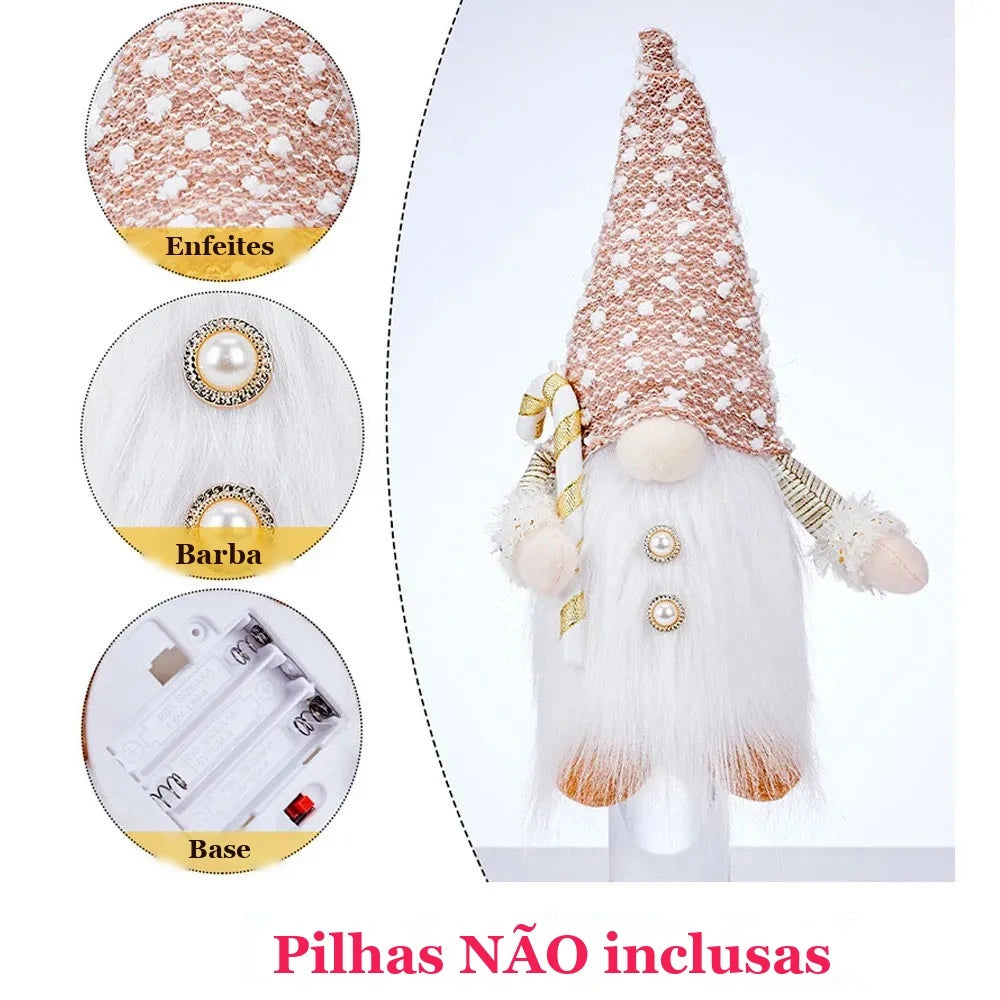 detalhes do gnomo de natal com barba de pelúcia e compartimento de pilhas