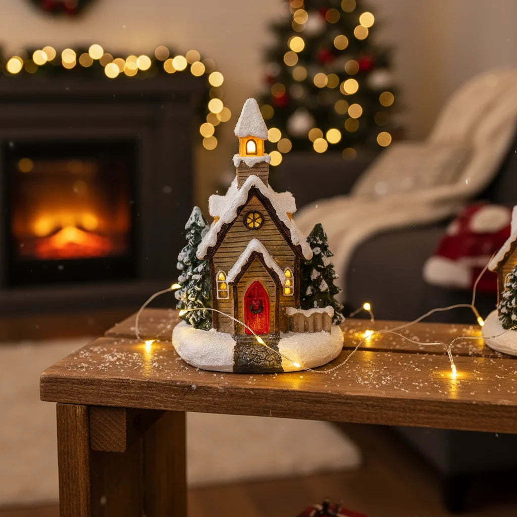 igrejinha de natal iluminada com pisca-pisca na mesa de madeira