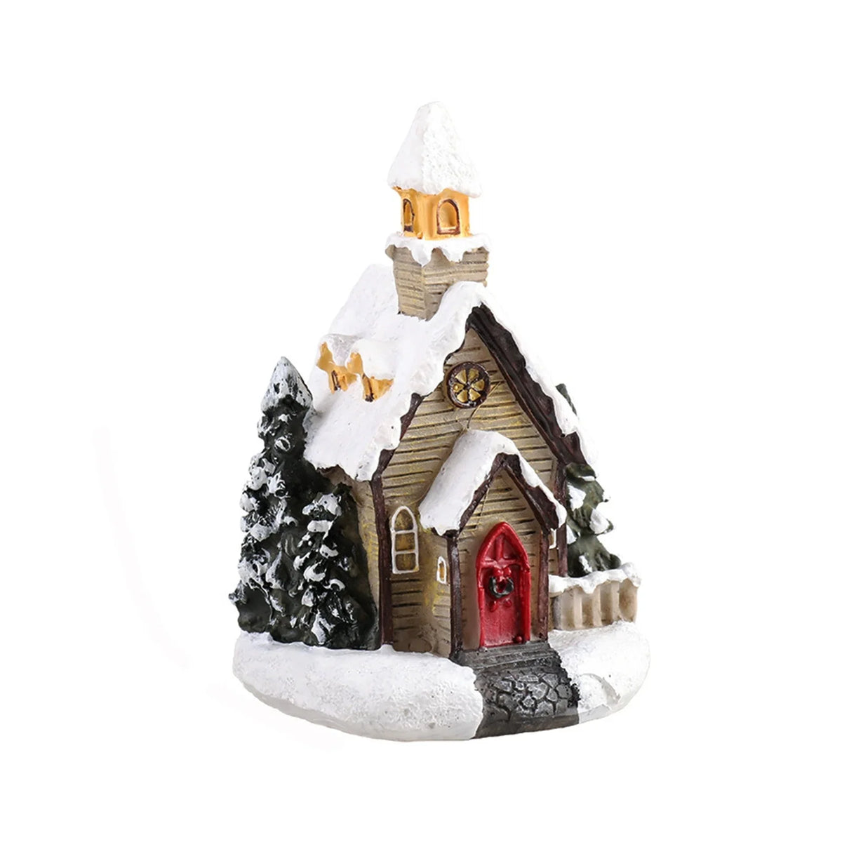 igrejinha de natal em resina com torre do sino e neve