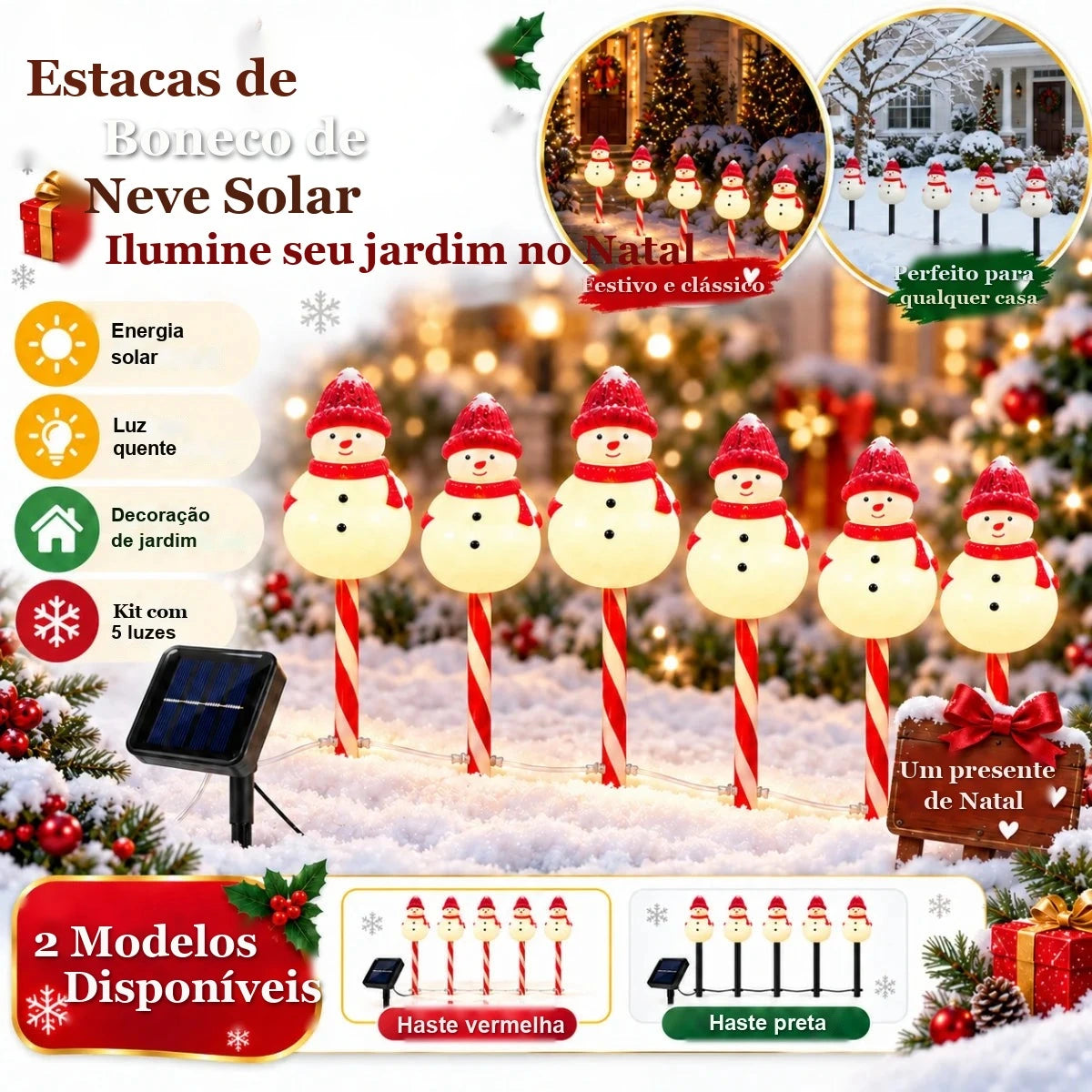 kit 5 estacas solares boneco de neve para jardim de natal
