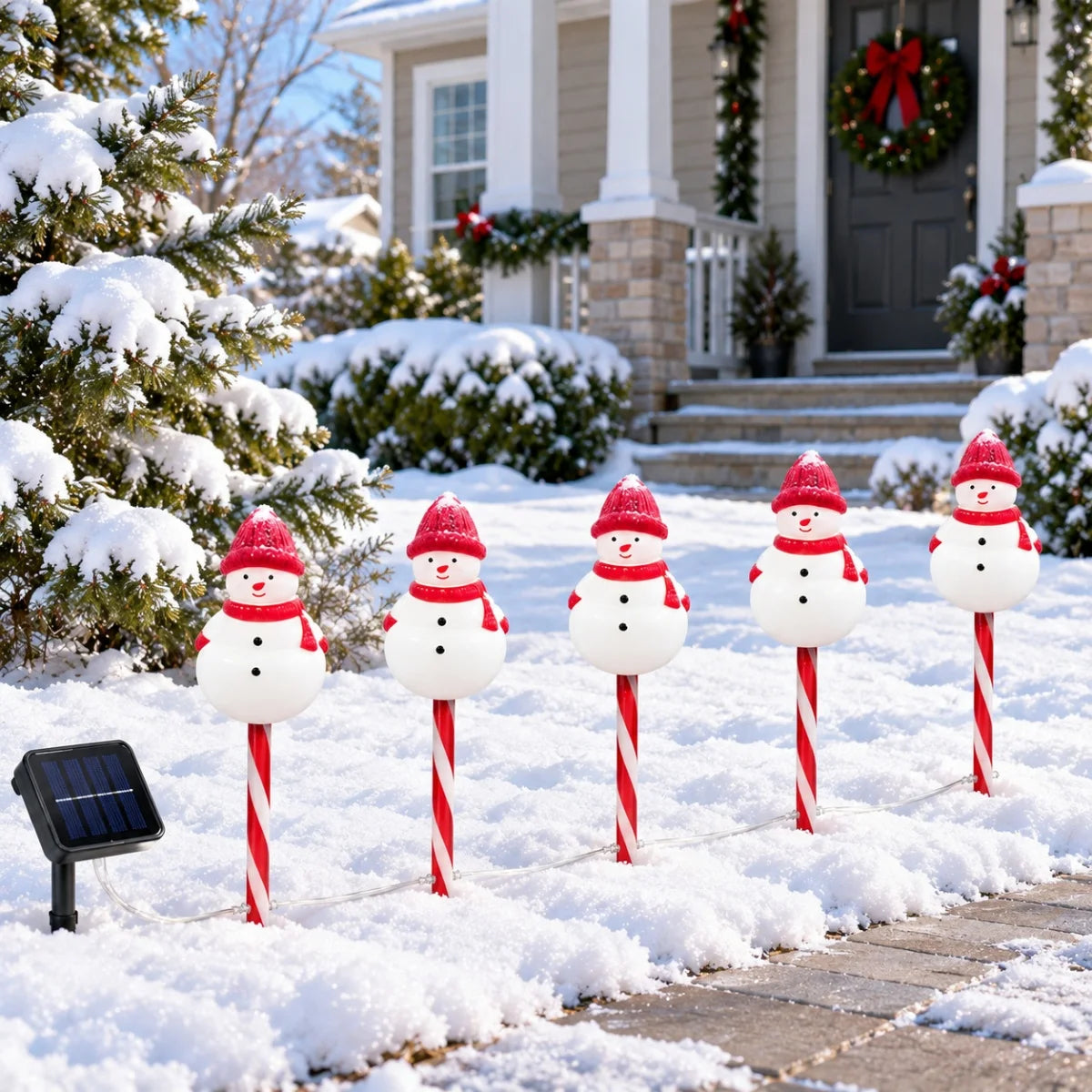 luzes de caminho boneco de neve com haste listrada na neve
