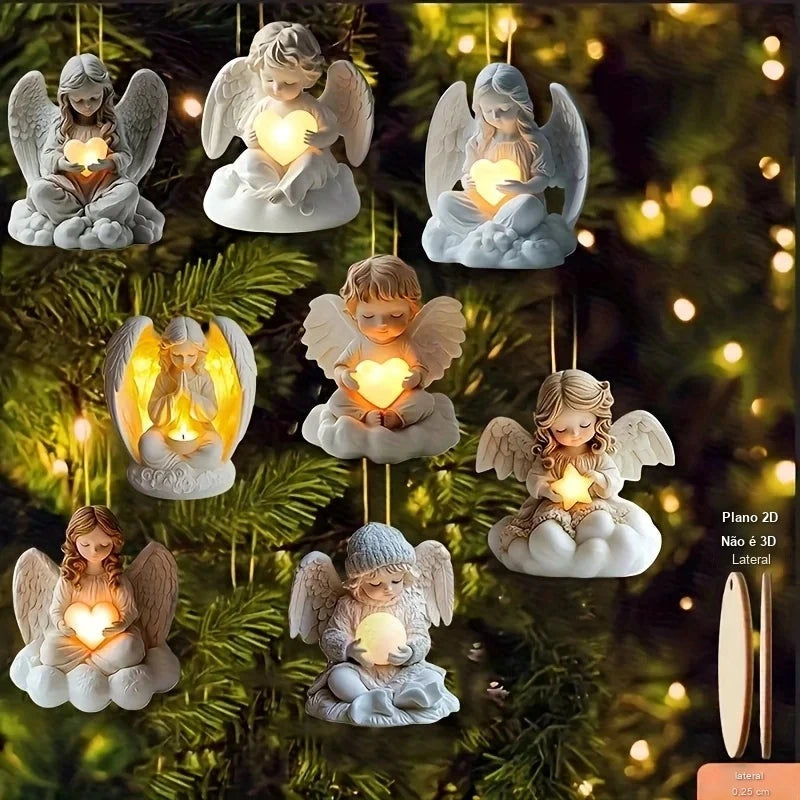 Kit 8 Pingentes de Anjinhos em Madeira para Árvore de Natal