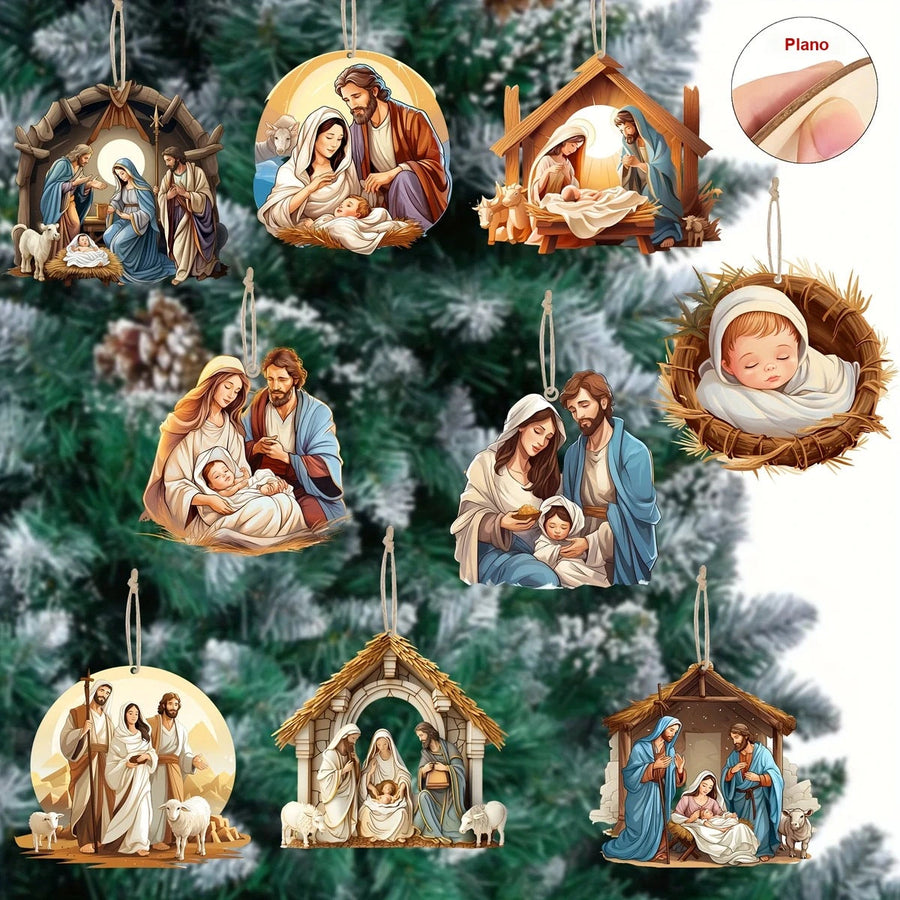 Kit 9 Enfeites de Presépio em Madeira para Árvore de Natal