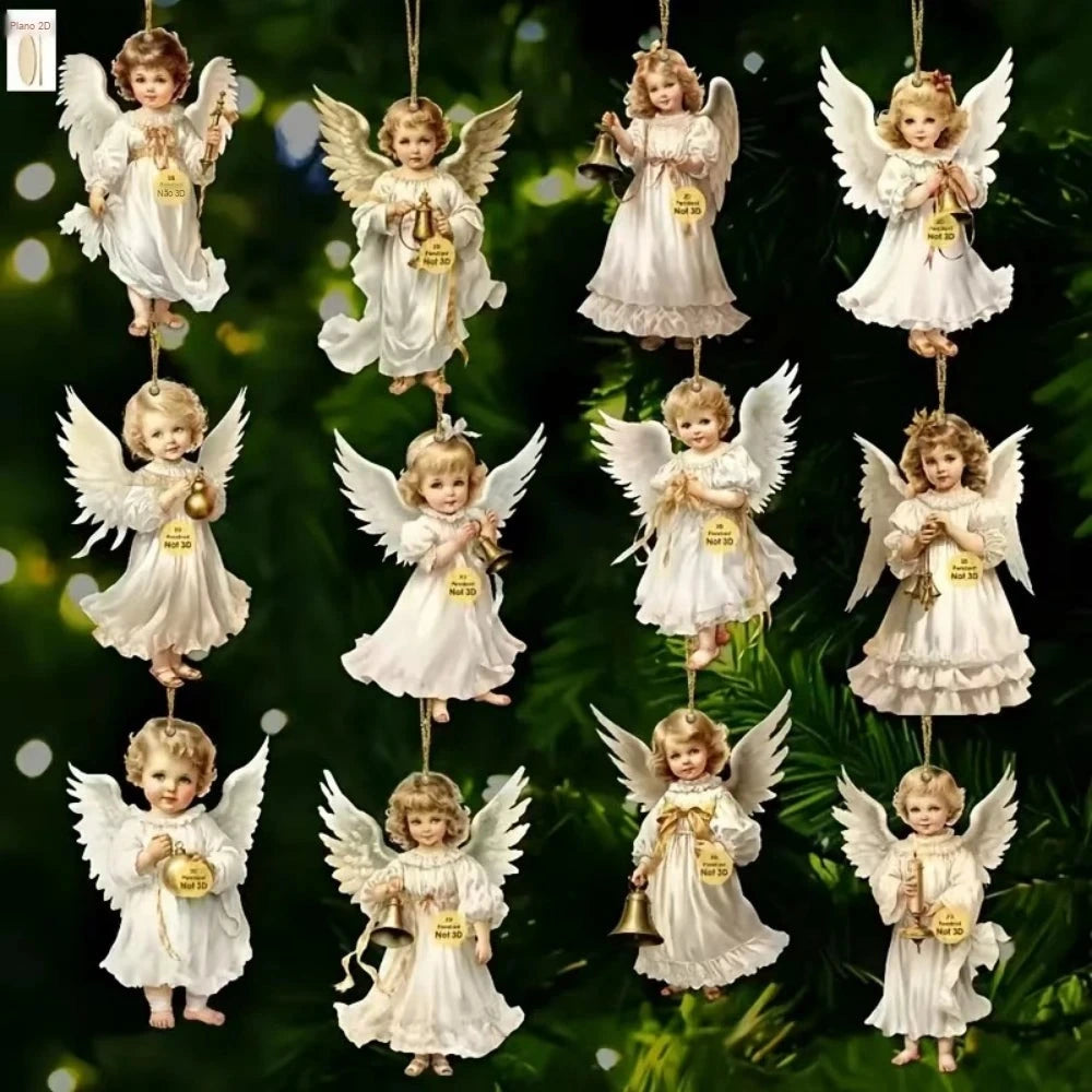 pingentes de anjo de natal em madeira nos galhos do pinheiro