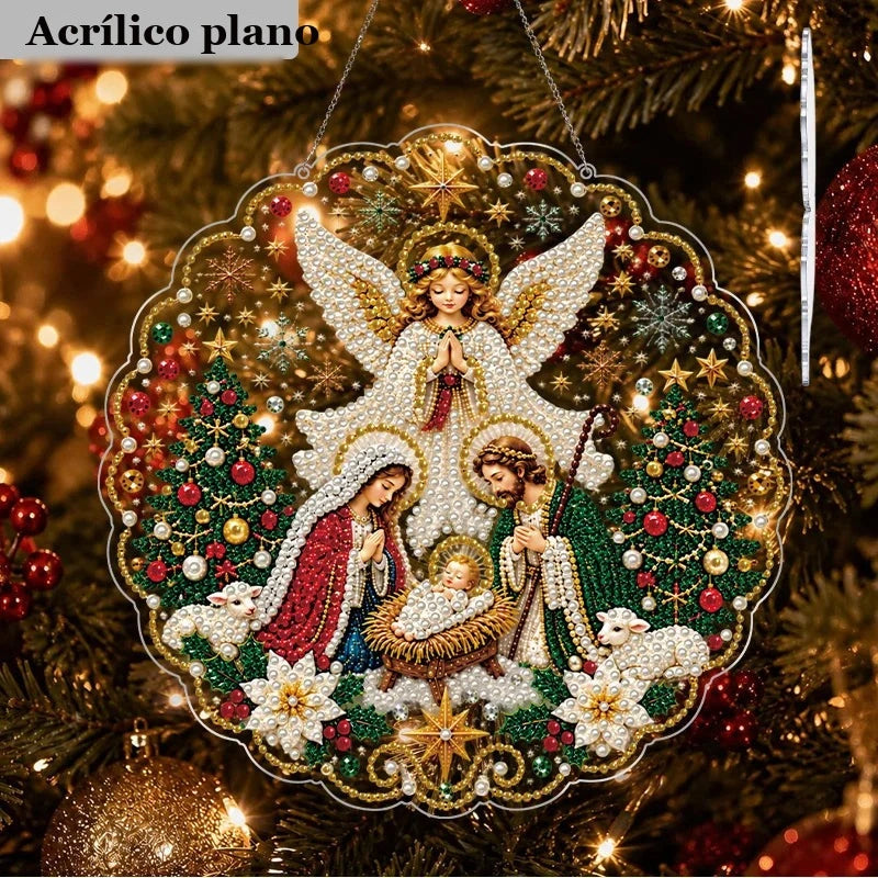 pintura com diamantes de presépio com anjo pendurada perto da árvore de natal