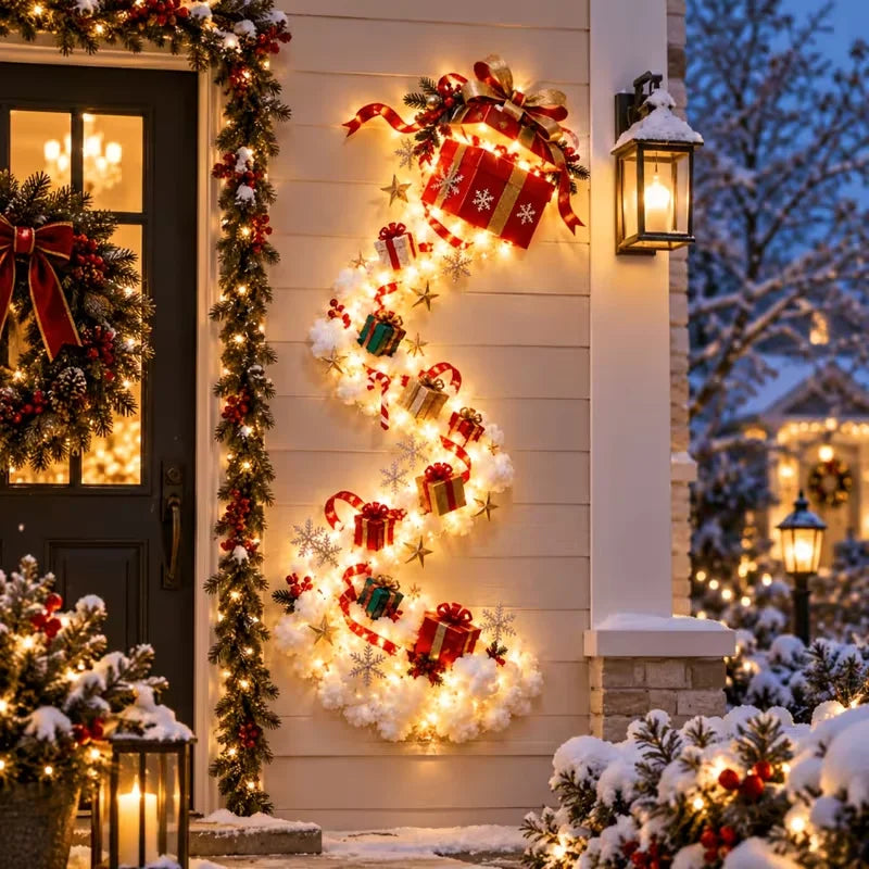 luminária de parede de natal com presentes iluminada na entrada da casa