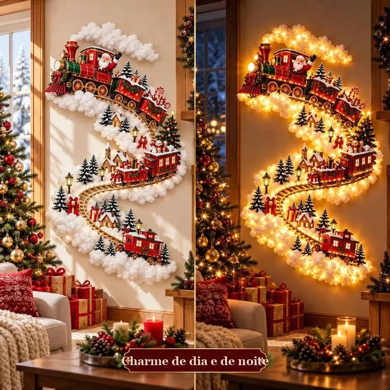 luminária de parede de natal com trem de dia e de noite