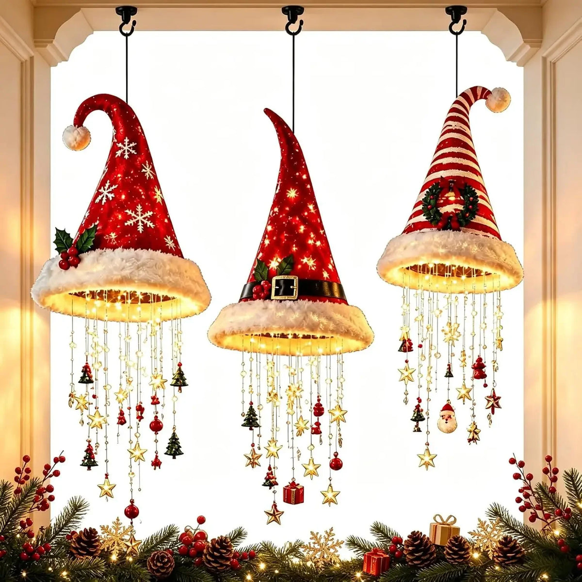 três luminárias gorro de natal penduradas na janela com pingentes dourados
