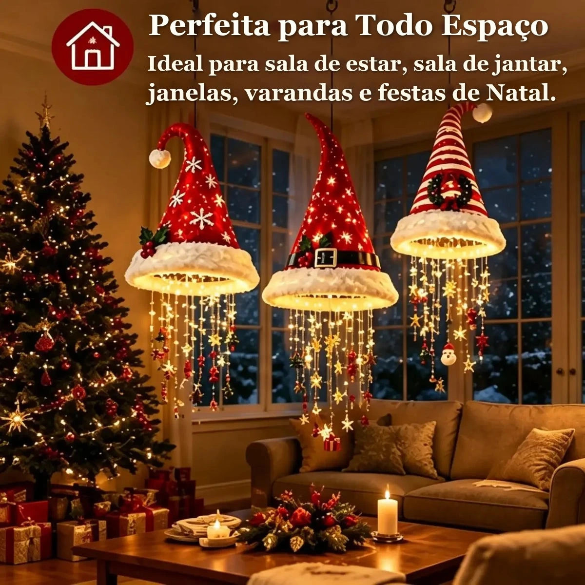 luminárias pendentes gorro de natal acesas na sala de estar decorada