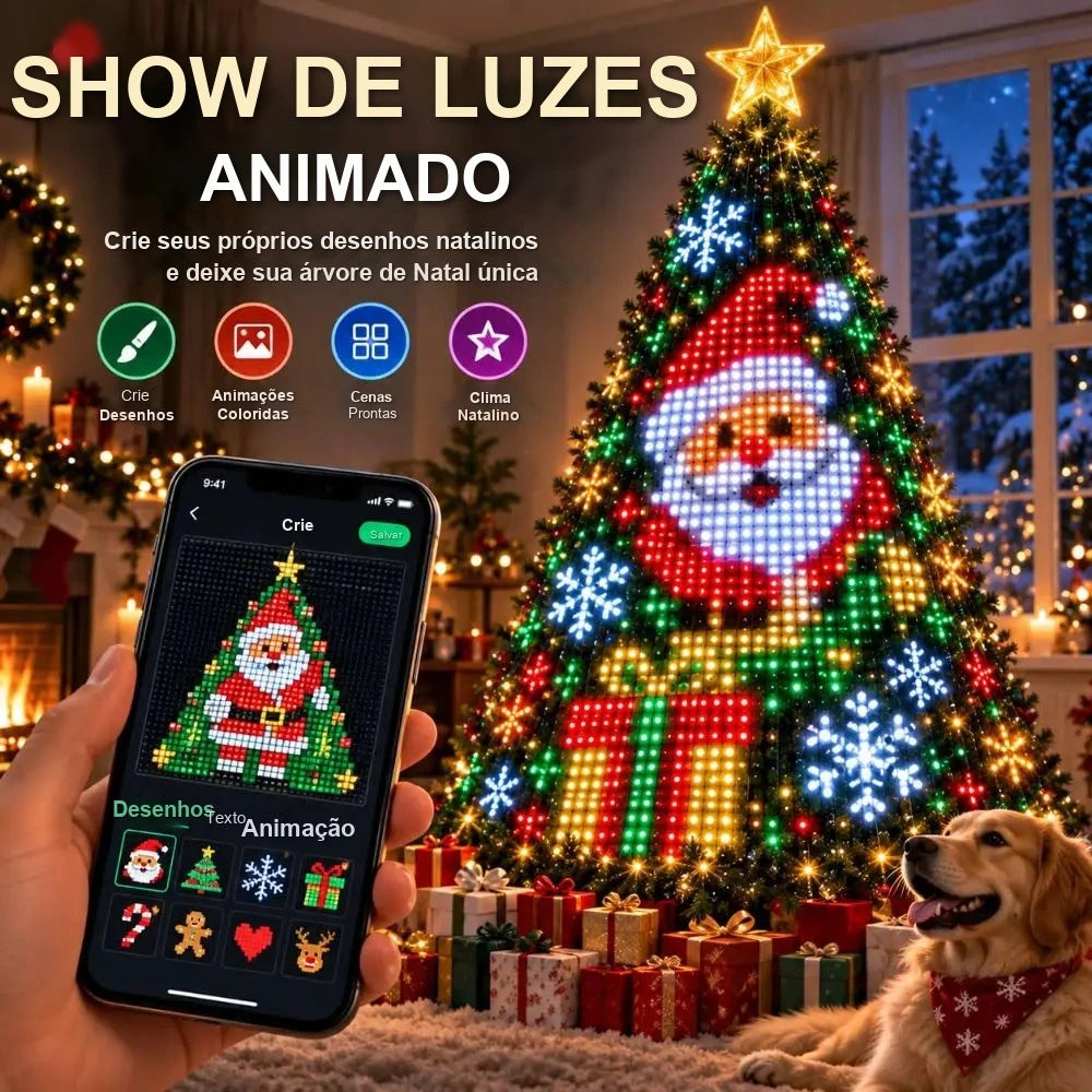 pisca pisca inteligente rgb com app para criar desenhos na árvore de natal