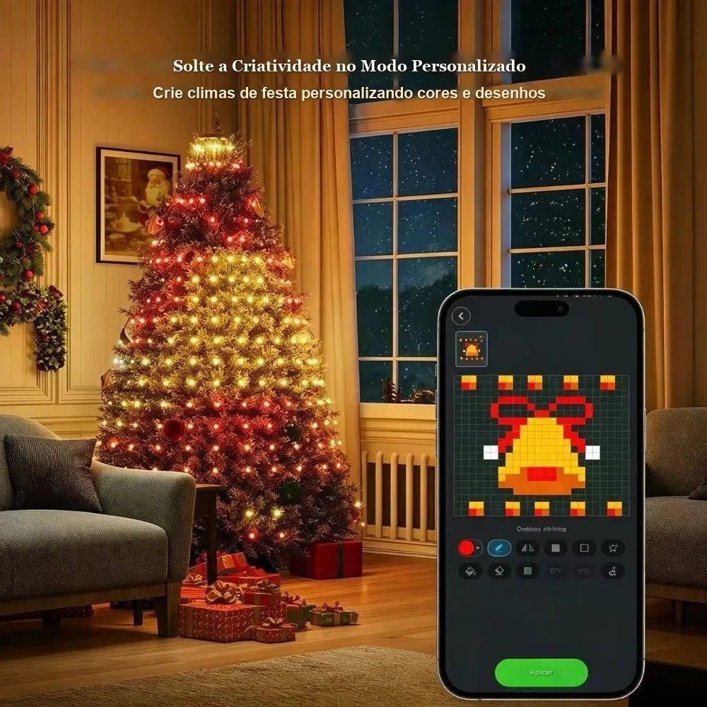 árvore de natal com luz inteligente e modo personalizado no celular