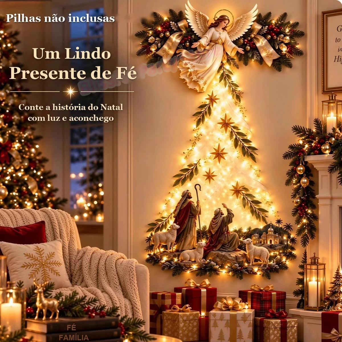 luz de parede de natal com anjo e pastores iluminados na sala
