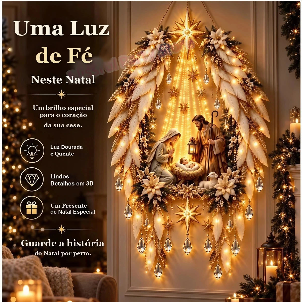 luz de parede da sagrada família com asas e estrela de belém