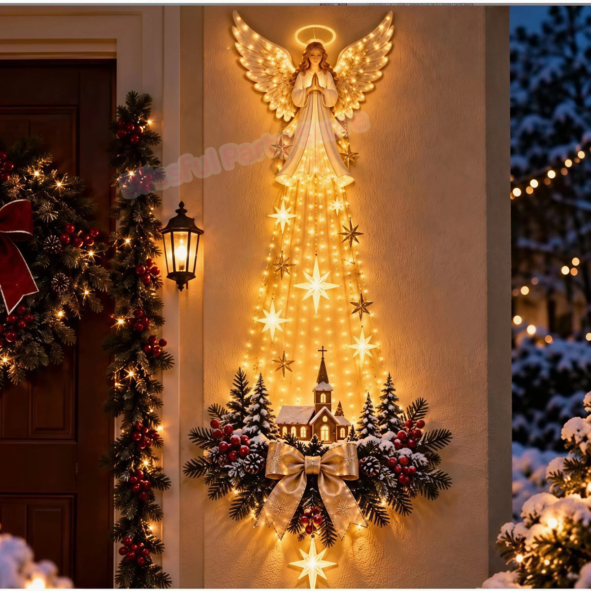 anjo iluminado com igreja e cascata de estrelas na fachada