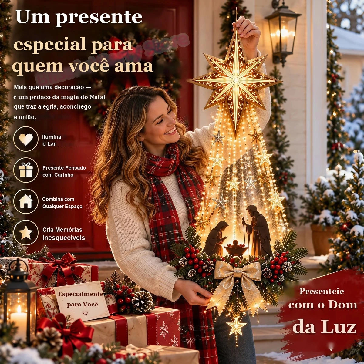 mulher segurando estrela de belém iluminada com presépio