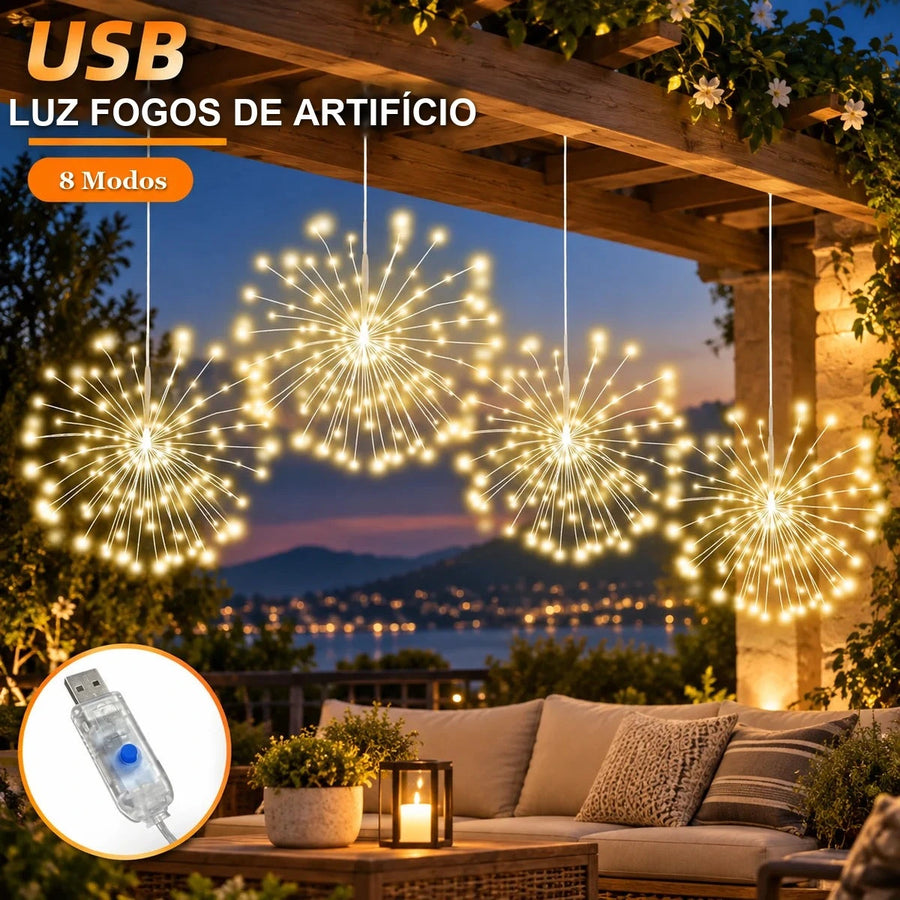 Luz Fogos de Artifício LED USB com 8 Modos para Pendurar