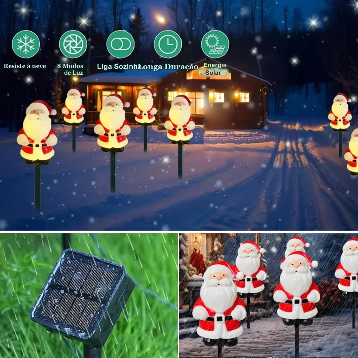 estacas solares de papai noel iluminando o caminho da casa