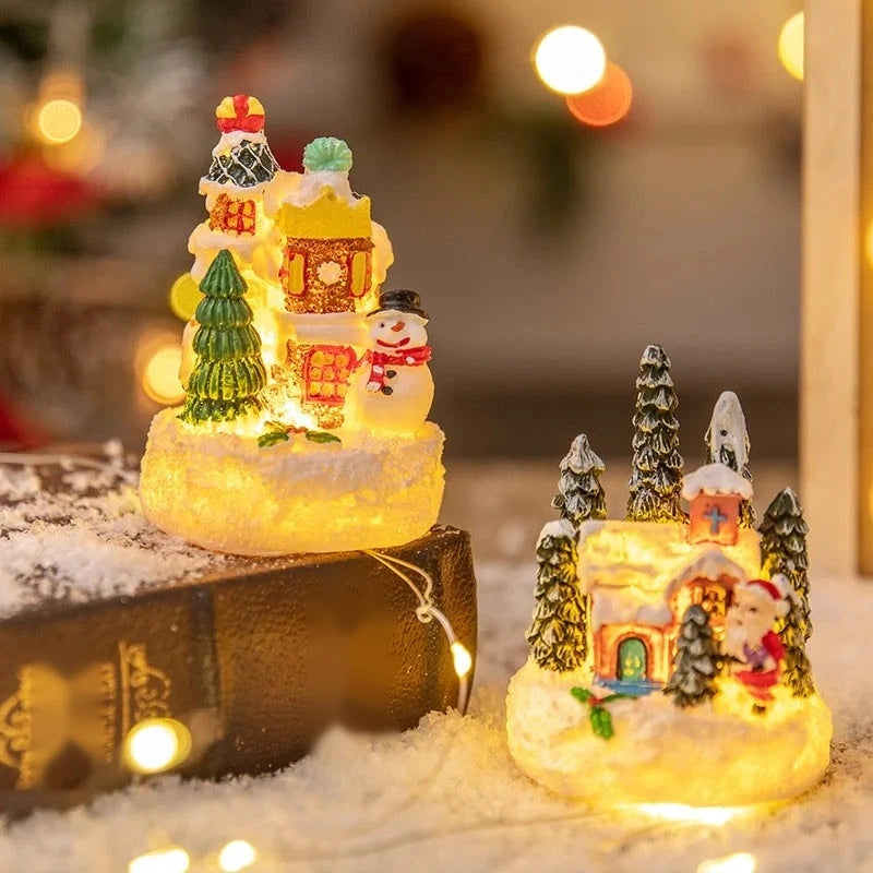 mini casinhas de natal iluminadas em resina com papai noel e boneco de neve