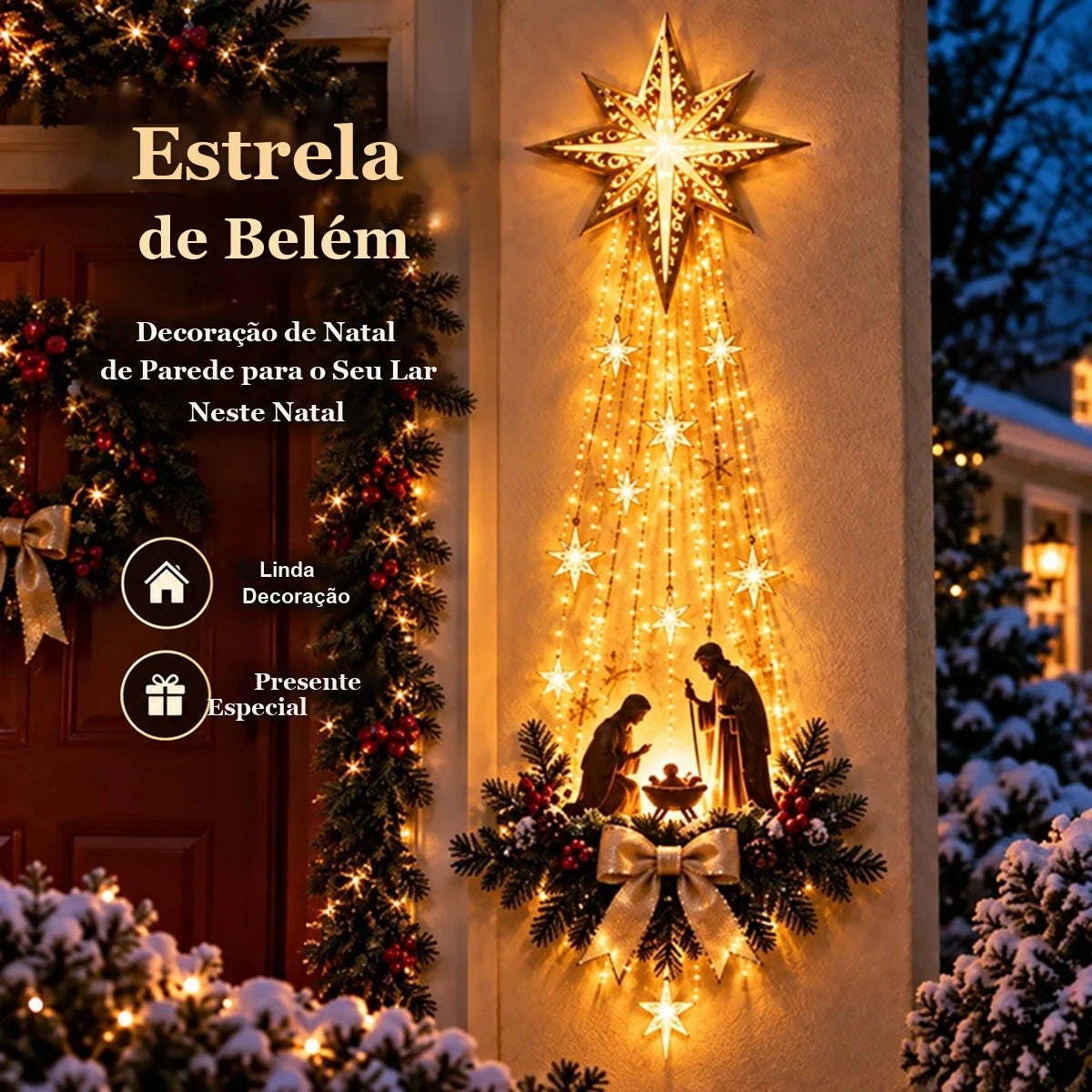 decoração de parede estrela de belém com luzes led e sagrada família