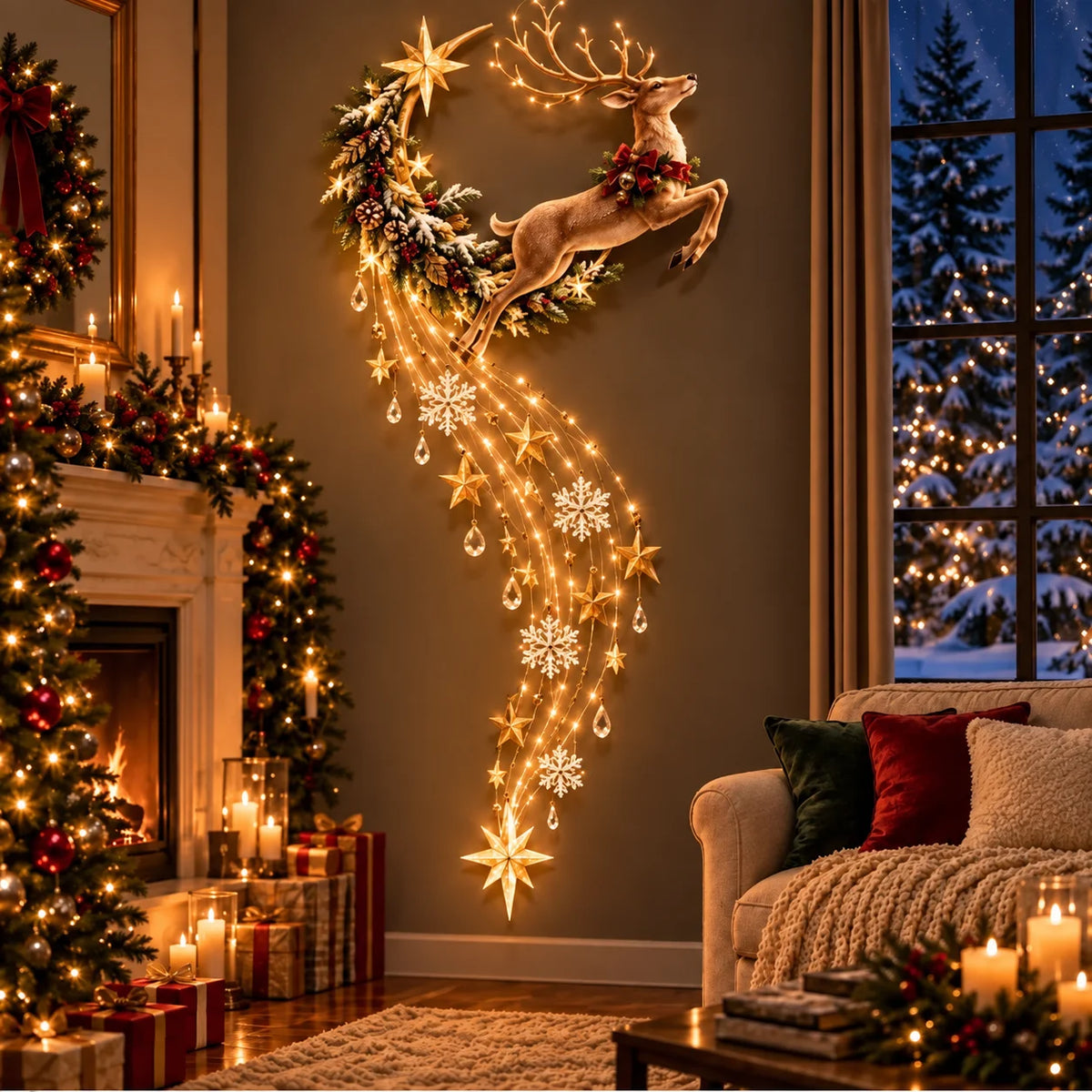 painel de parede de natal rena com rastro de luzes e estrelas