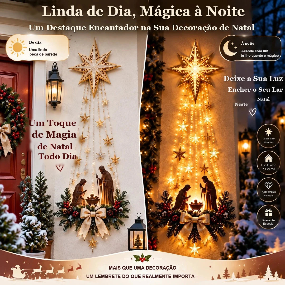 estrela de belém de parede de dia e acesa à noite