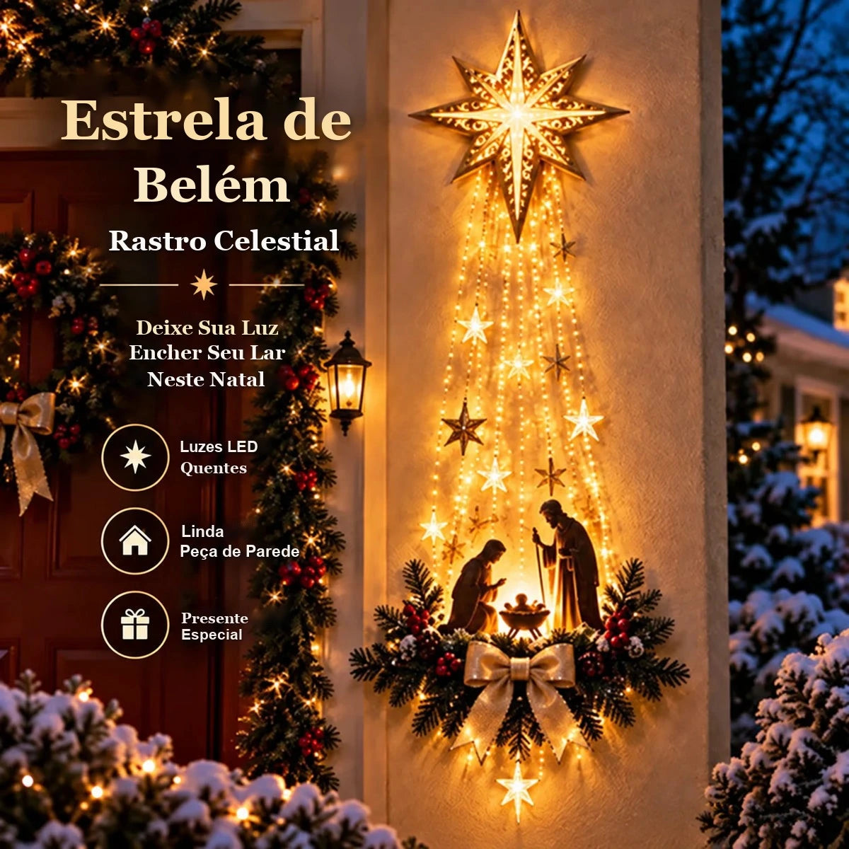 painel de parede estrela de belém com presépio e cascata de led