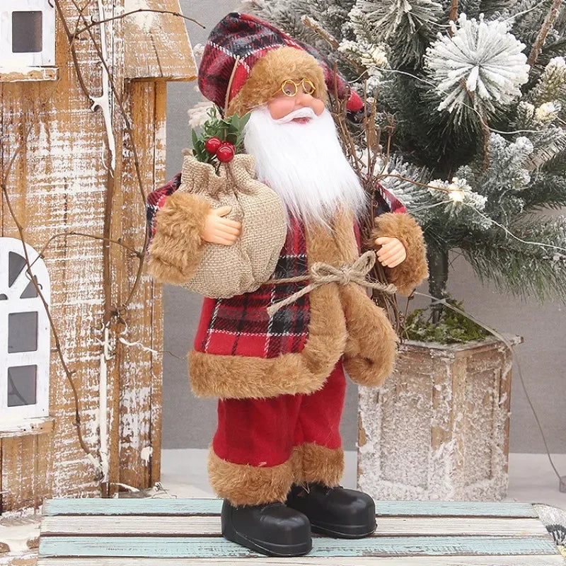 papai noel de pelúcia lenhador com casaco xadrez e saco de presentes
