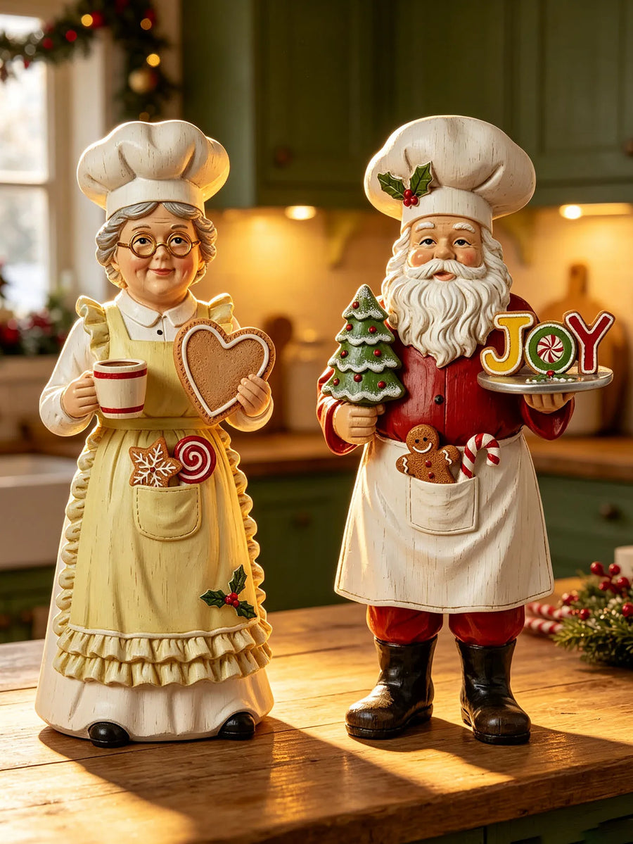 Papai Noel e Mamãe Noel Confeiteiros em Madeira para Mesa