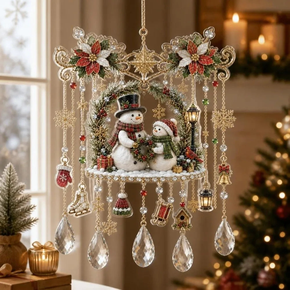 pingente de natal em acrílico com bonecos de neve e gotas de cristal