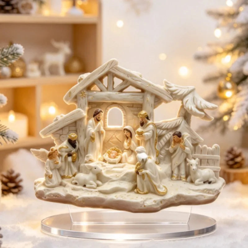 presepio de acrilico branco e dourado com base transparente na estante