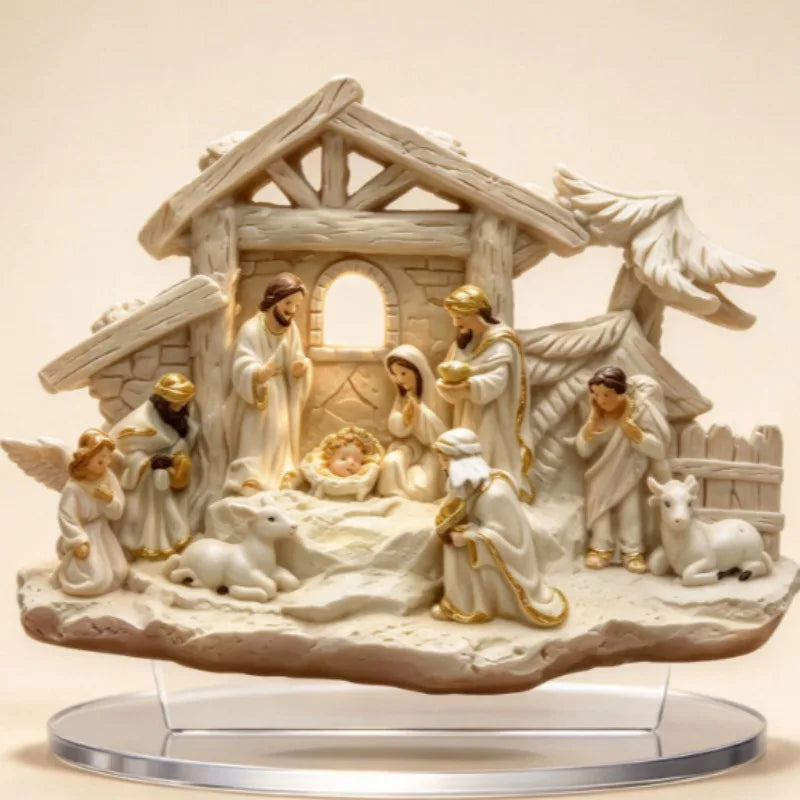 detalhe do presepio branco e dourado com menino jesus na manjedoura