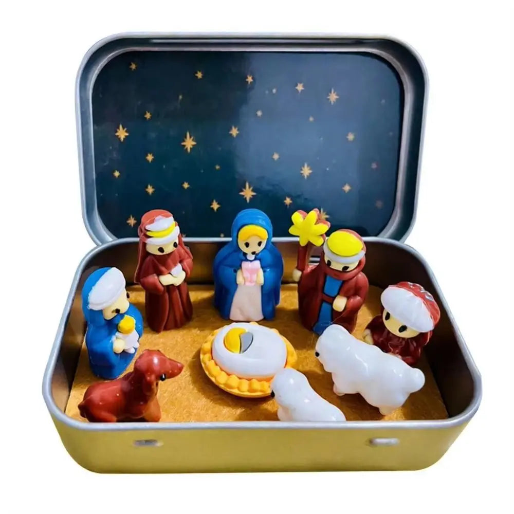 presépio em miniatura na lata com sagrada família e ovelhas